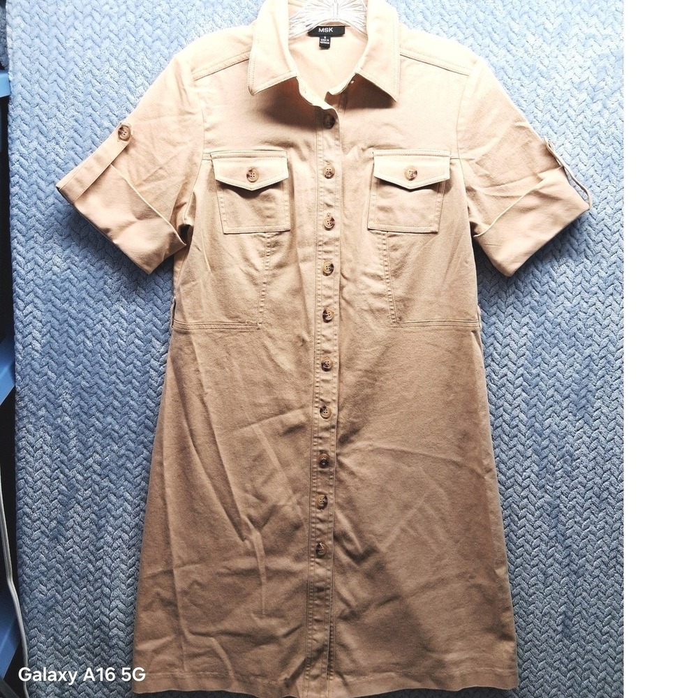 MSK‎ Tan Khaki Utility Shirt Dress Minimalist Button Down Size 8 Safari Pocket